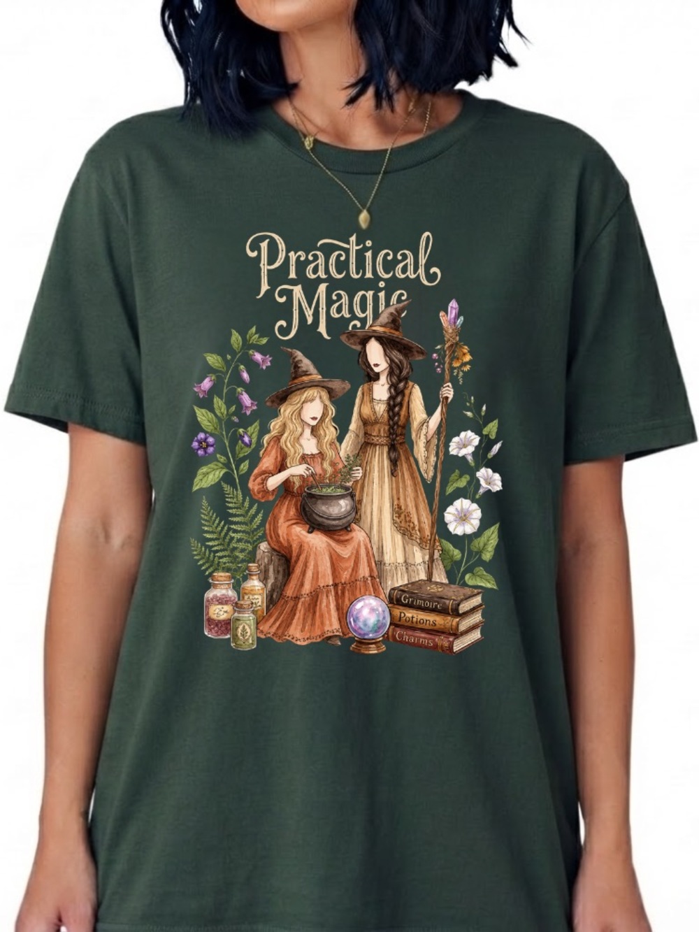 Practical Magic Witches Cauldron Potions Crystal Ball Books Vintage T-shirt